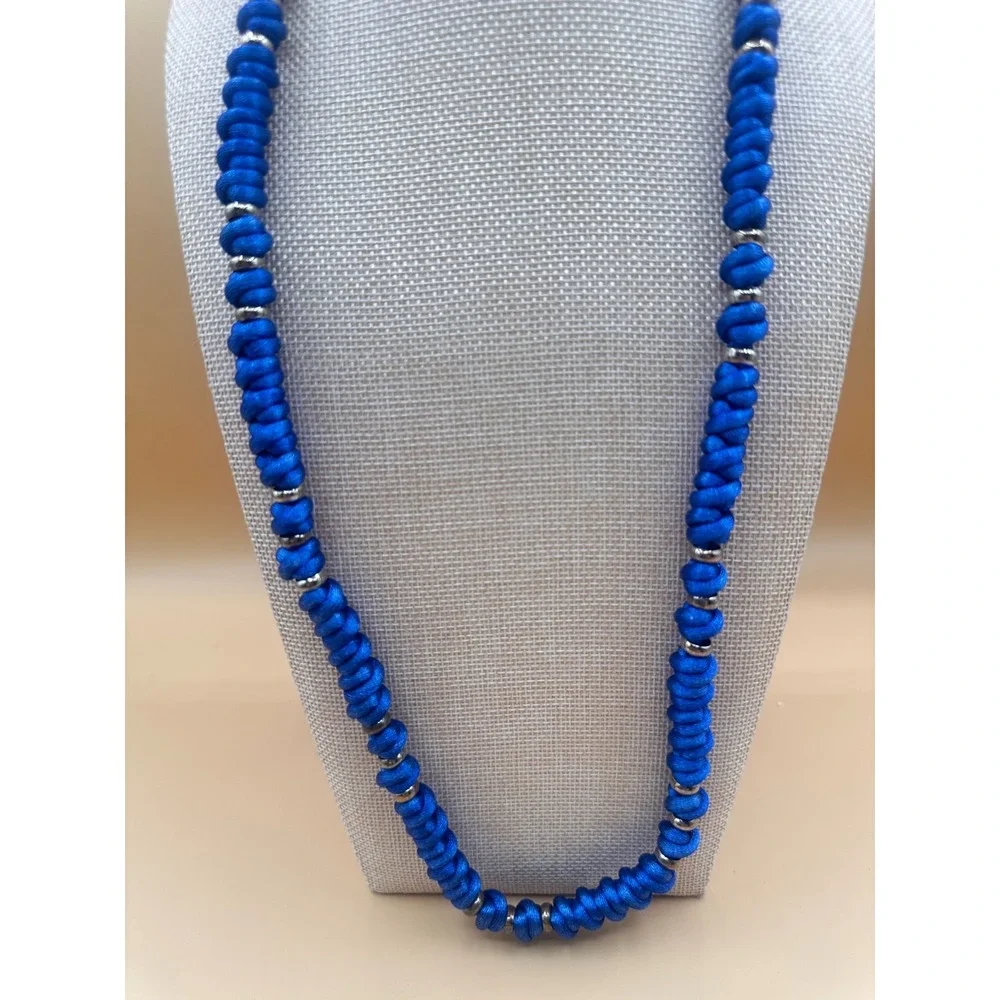 Blue Knotted Cord Necklace Silver Tone Spacer Beads Boho Festival Statement Gift